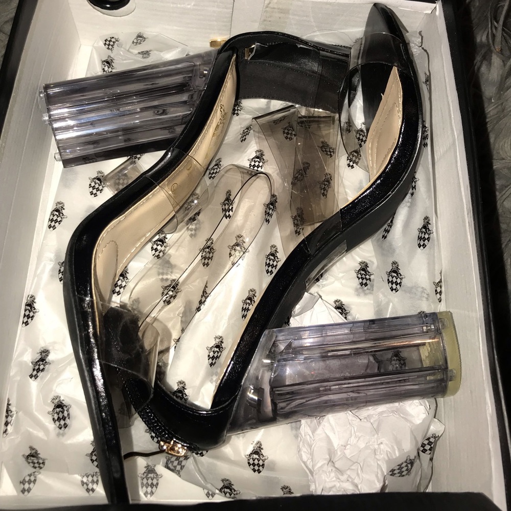 Black block sandal heels